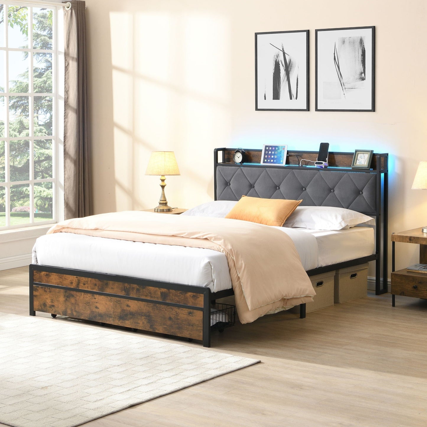 Modern Bed Frame With Led Lights and Storage