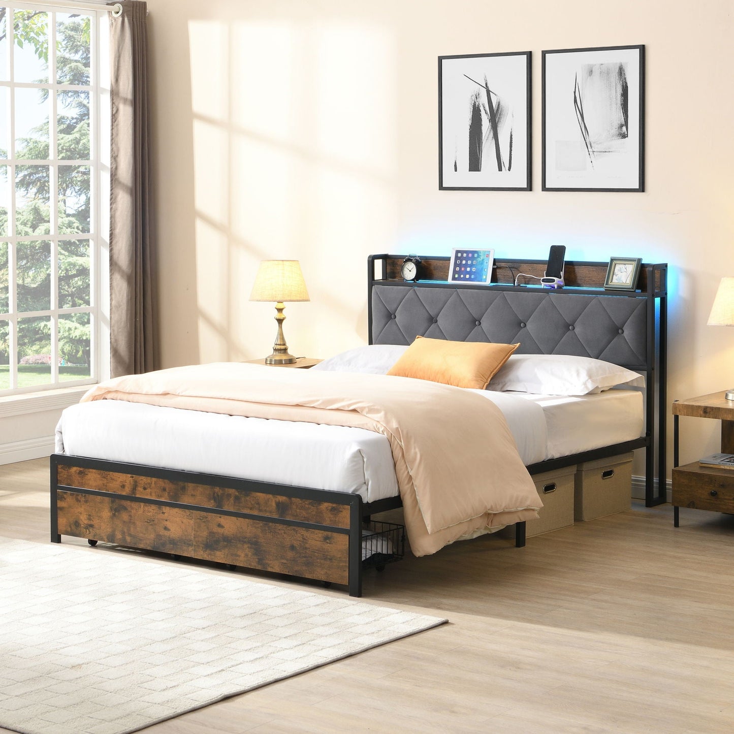 Storage bed frame with tufted dark gray upholstered headboard and under-bed drawers on Tampa Home & Garden Store