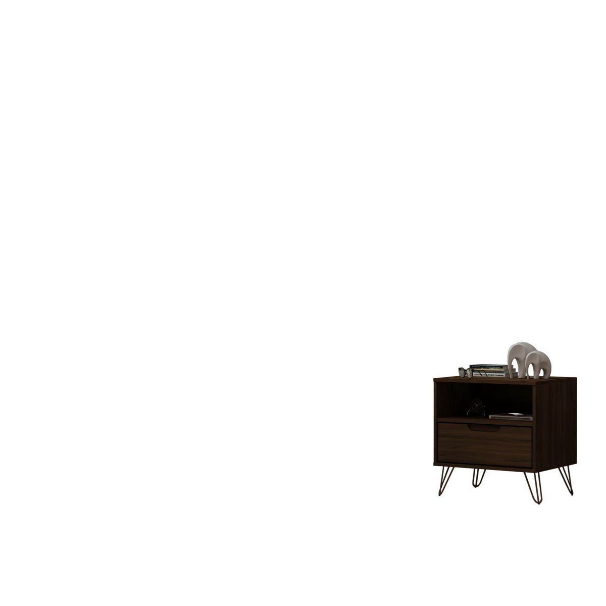 Rockefeller Nightstand by HouseOfZazla, dark walnut finish, 1-drawer, splayed legs, decor on top on Tampa Home & Garden Store