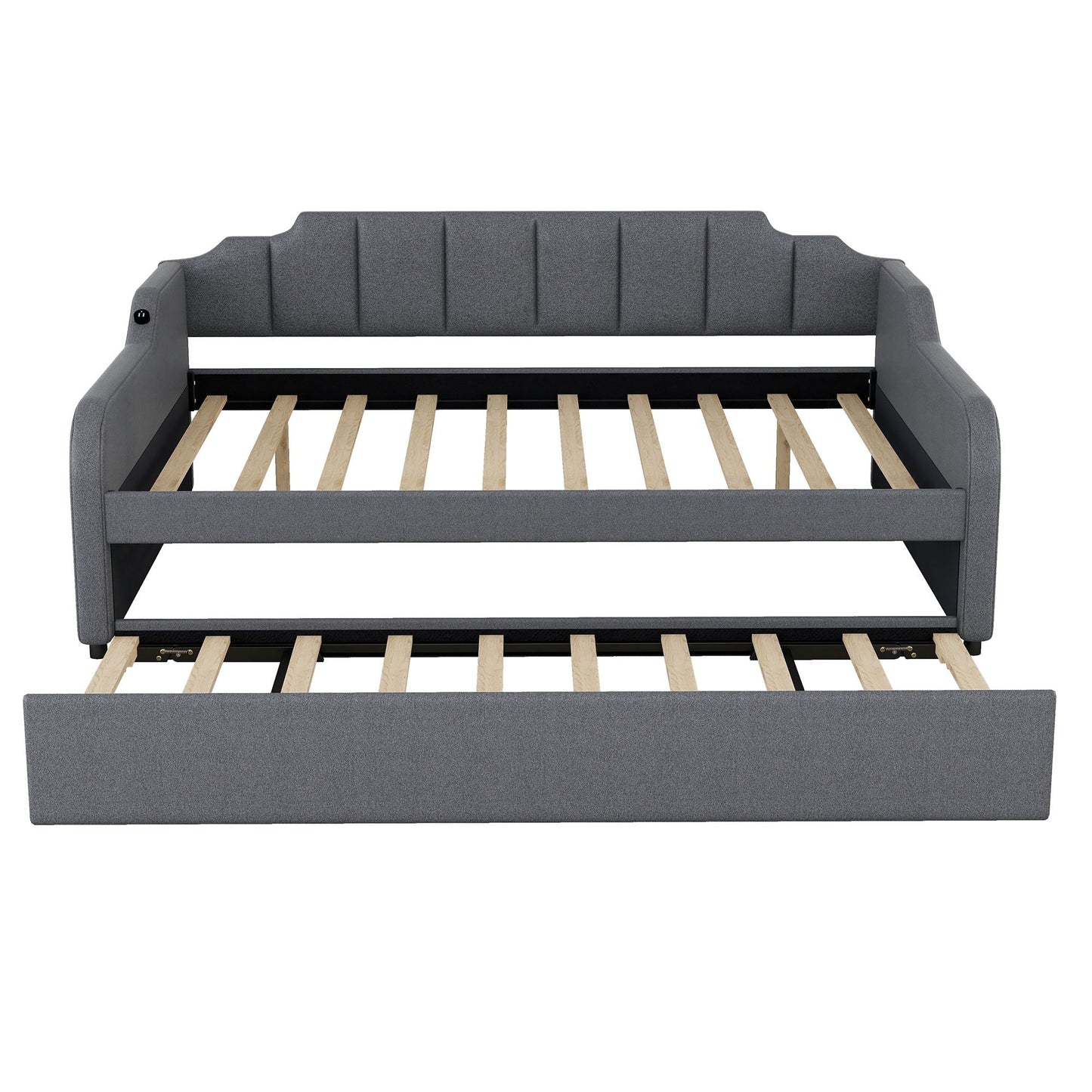 Full-size upholstered daybed with trundle in gray fabric, USB charging, slat bed base, HouseOfZazla on Tampa Home & Garden Store