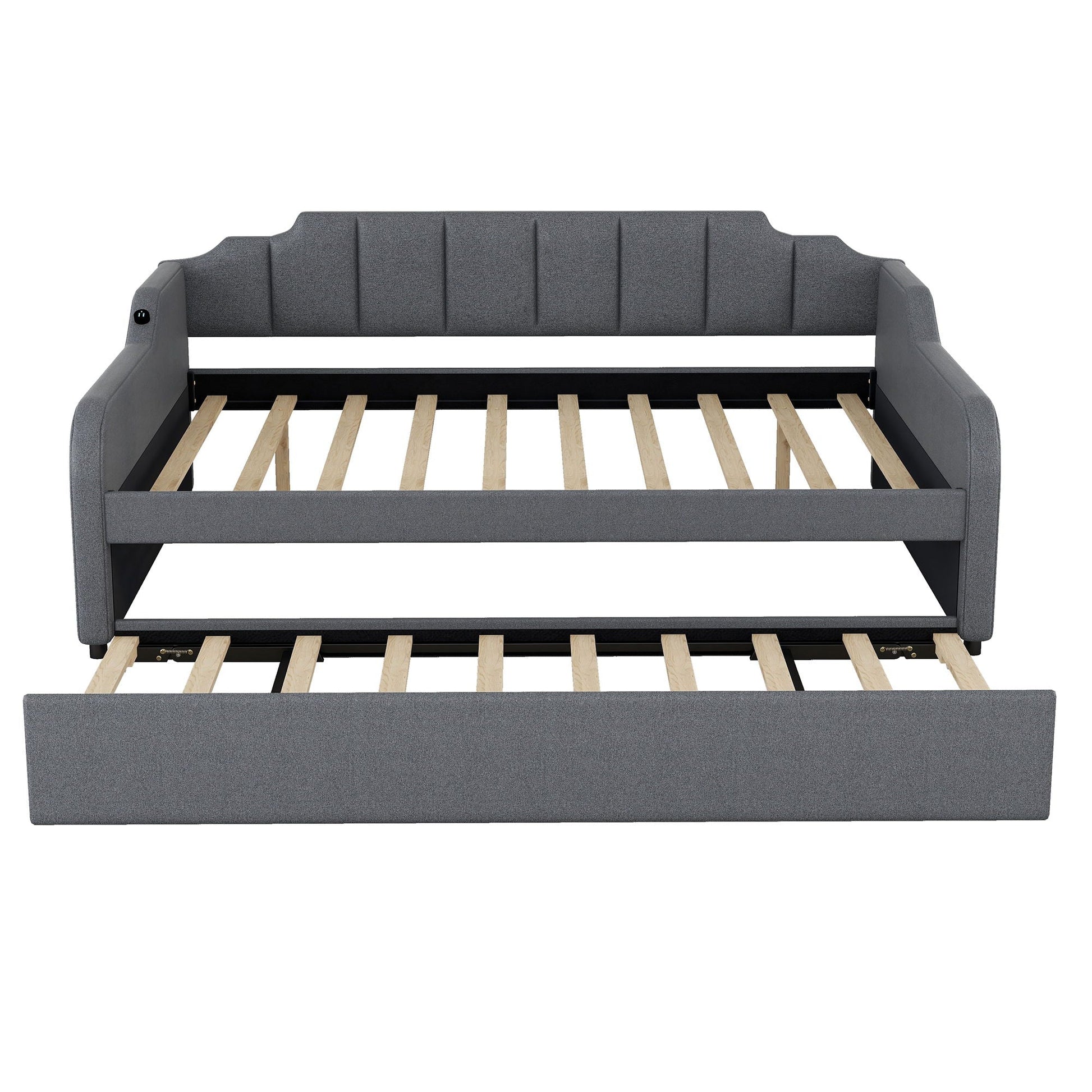 Full-size upholstered daybed with trundle in gray fabric, USB charging, slat bed base, HouseOfZazla on Tampa Home & Garden Store