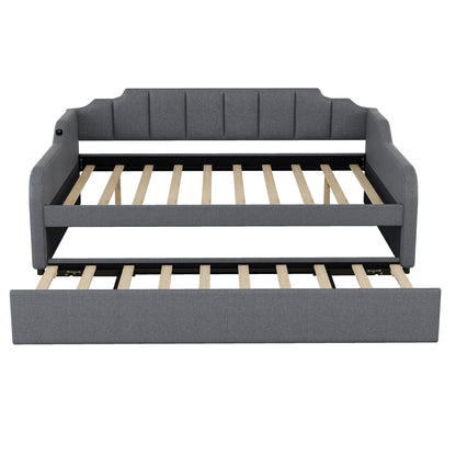 Full-size upholstered daybed with trundle in gray fabric, USB charging, slat bed base, HouseOfZazla on Tampa Home & Garden Store