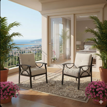 All-Weather Armchairs Set of 2 with beige cushions and dark metal frames on a balcony on Tampa Home & Garden Store