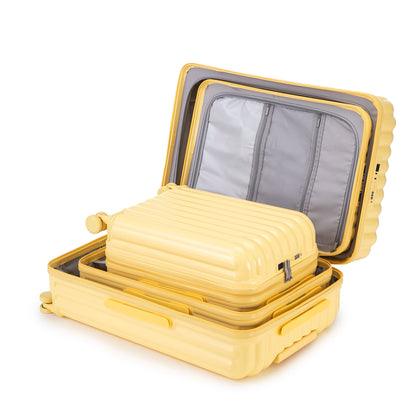 3-piece yellow spinner luggage set with open cases and gray interiors on Tampa Home & Garden Store