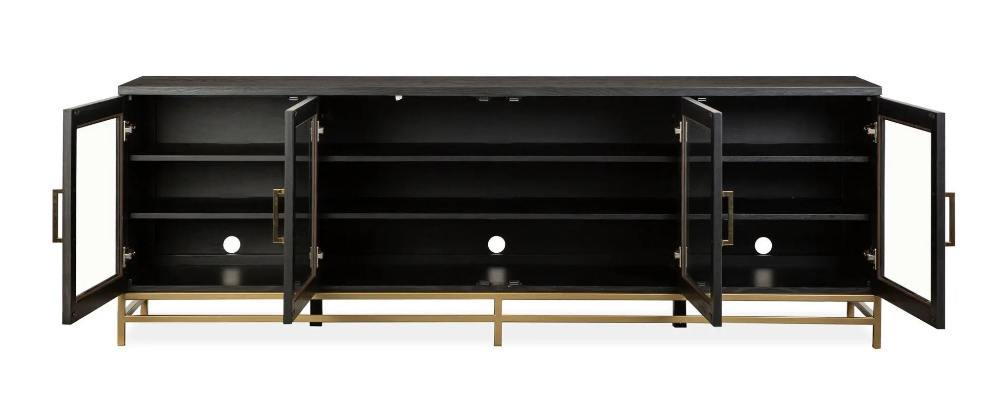 Lindon Console TV stand in black wood with glass doors and a brass metal base on Tampa Home & Garden Store