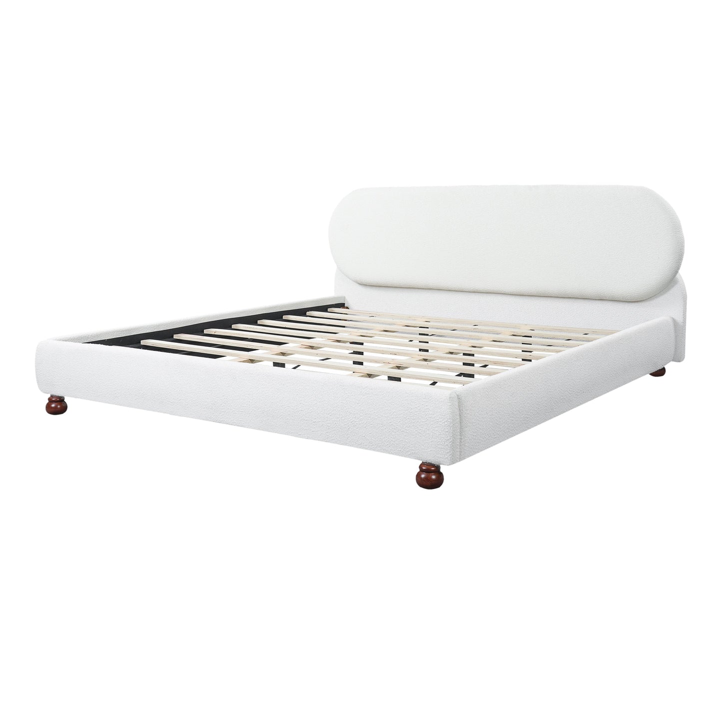 HouseOfZazla cream Boucle upholstered king bed frame rubber wood foot and slatted base on Tampa Home & Garden Store