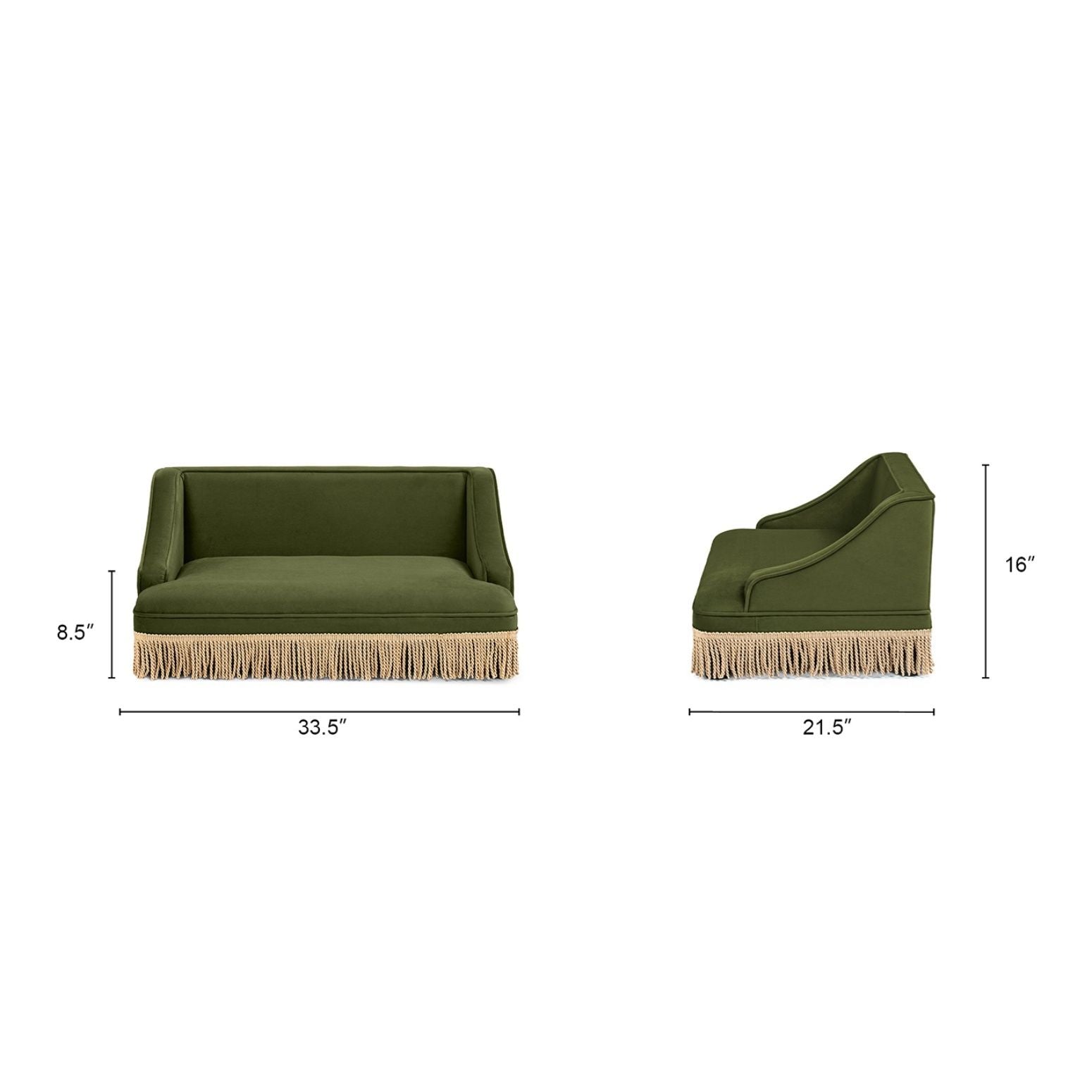 Duchess Pet Bed Sofa by HouseOfZazla in olive green fabric with fringe trim, 33.5 x 21.5 in on Tampa Home & Garden Store