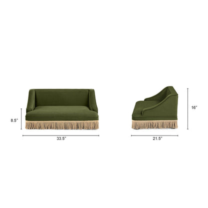 Duchess Pet Bed Sofa by HouseOfZazla in olive green fabric with fringe trim, 33.5 x 21.5 in on Tampa Home & Garden Store