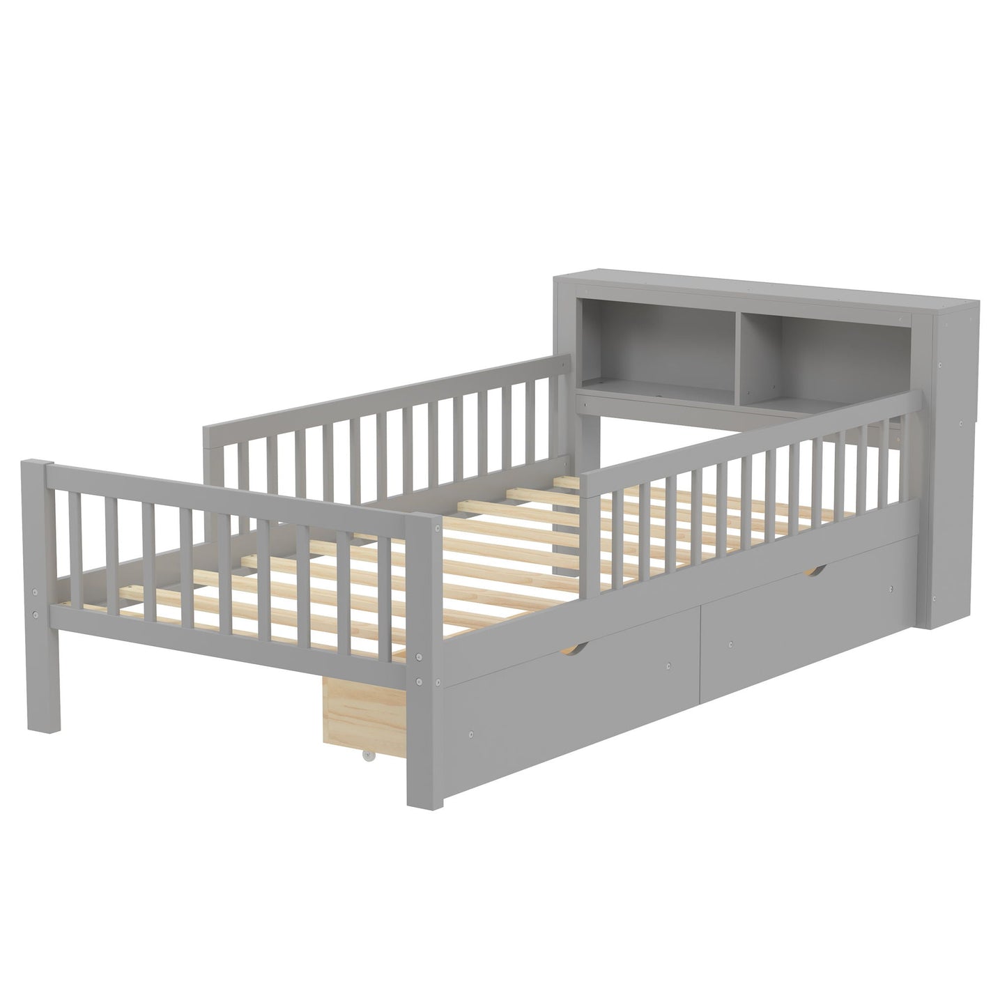 Storage bed HouseOfZazla gray with headboard rack, 2 under-bed drawers and 3 guardrails on Tampa Home & Garden Store