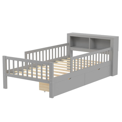 Storage bed HouseOfZazla gray with headboard rack, 2 under-bed drawers and 3 guardrails on Tampa Home & Garden Store