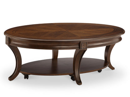Winslet Oval End Table by Unique Piece Furniture in dark walnut with carved floral accents on Tampa Home & Garden Store