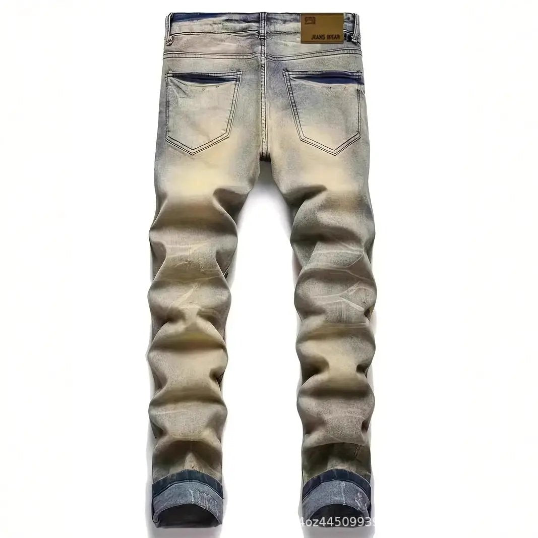 Slim-fit Stretch Ripped Embroidered Vintage Patch Jeans with back pockets, rolled cuffs on Tampa Home & Garden Store