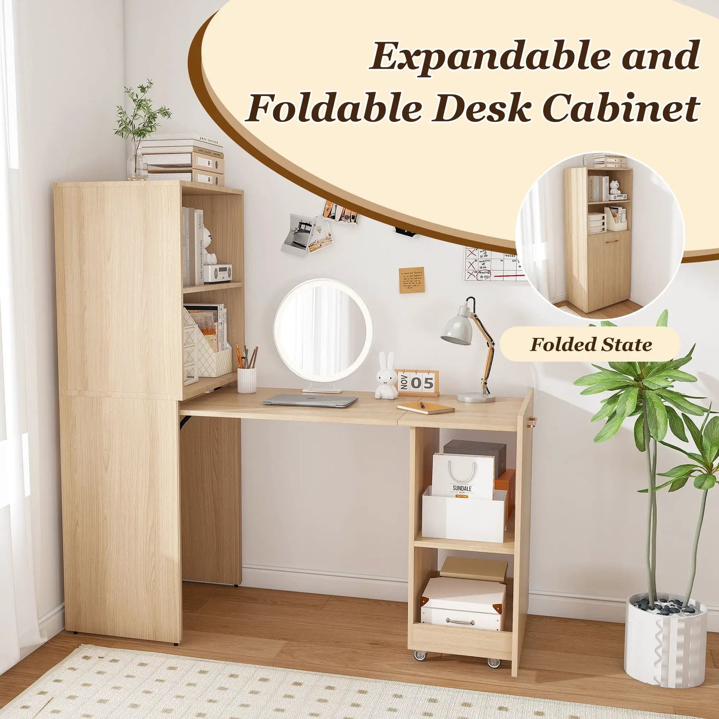 Stretchable Office Desk with Shelves and Wheels