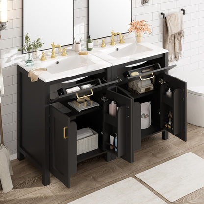 Modern double vanity with black base, white countertop, and gold hardware, 2 sinks HouseOfZazla on Tampa Home & Garden Store