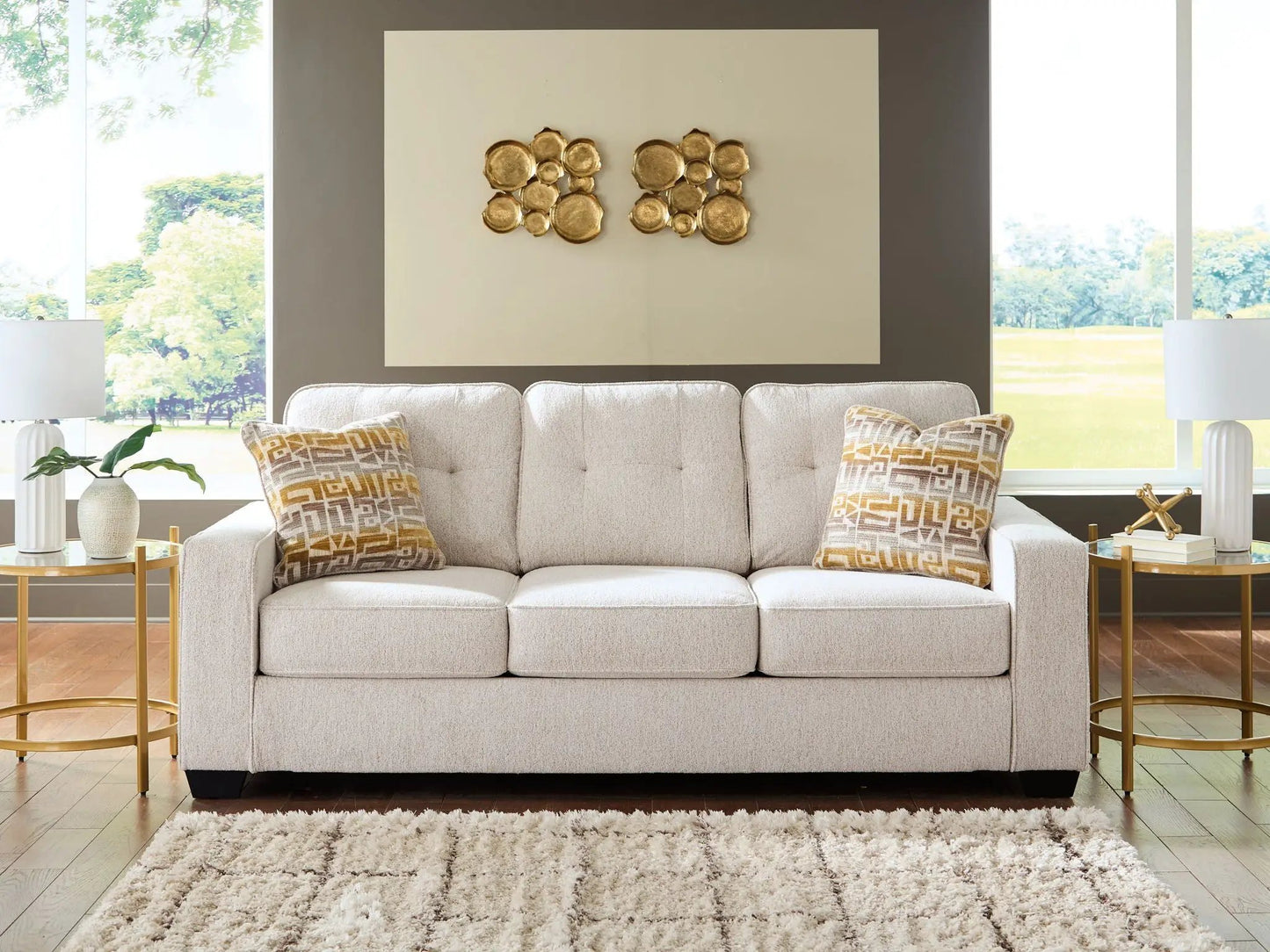 Larimer Sofa, beige fabric stationary sofa with tufted back cushions, Unique Piece Furniture on Tampa Home & Garden Store