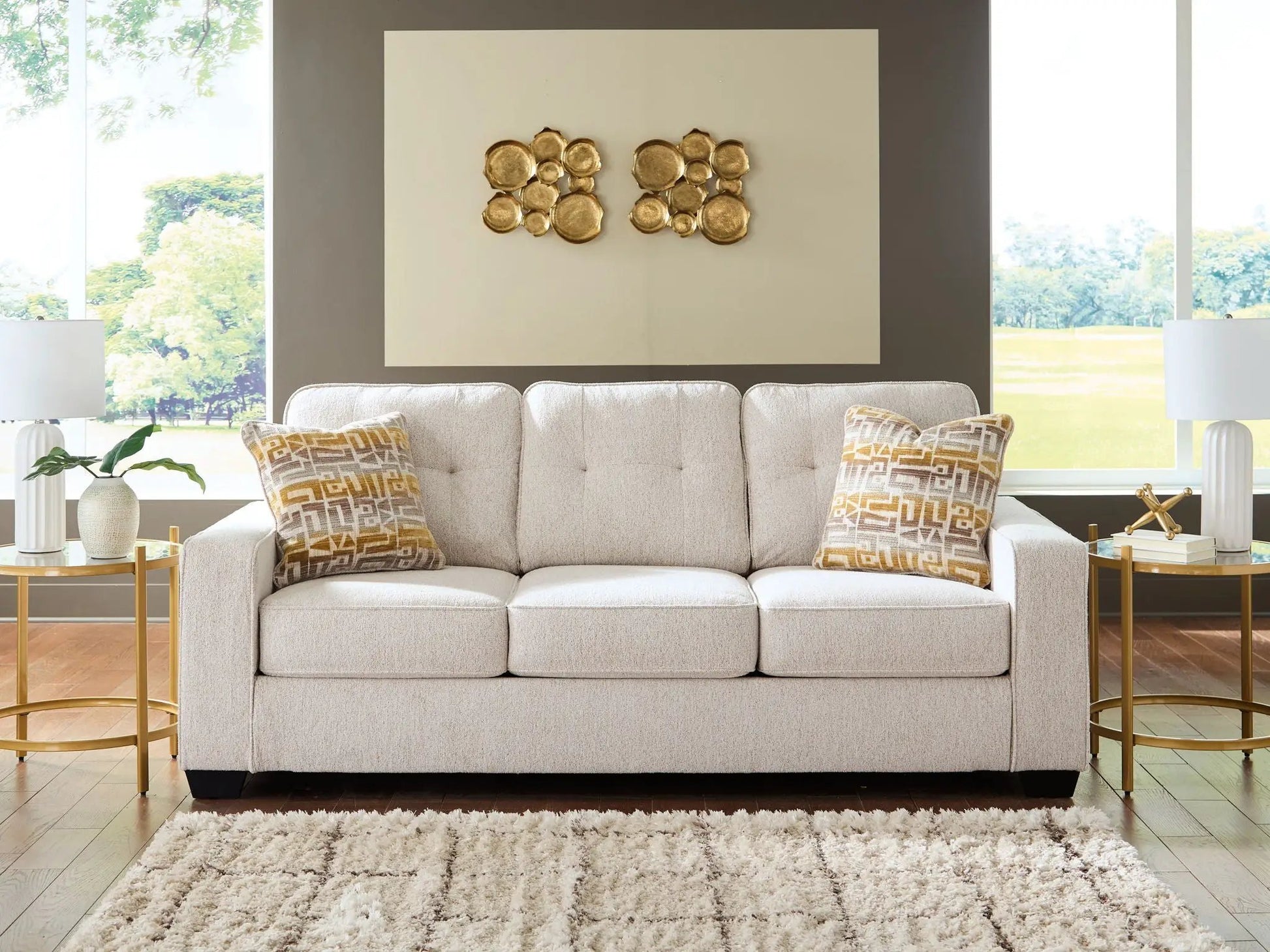 Larimer Sofa, beige fabric stationary sofa with tufted back cushions, Unique Piece Furniture on Tampa Home & Garden Store