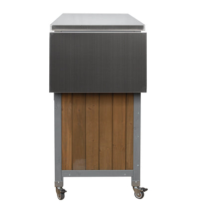 Foldable outdoor kitchen island cart with dark wood panels, metal frame, and caster wheels on Tampa Home & Garden Store