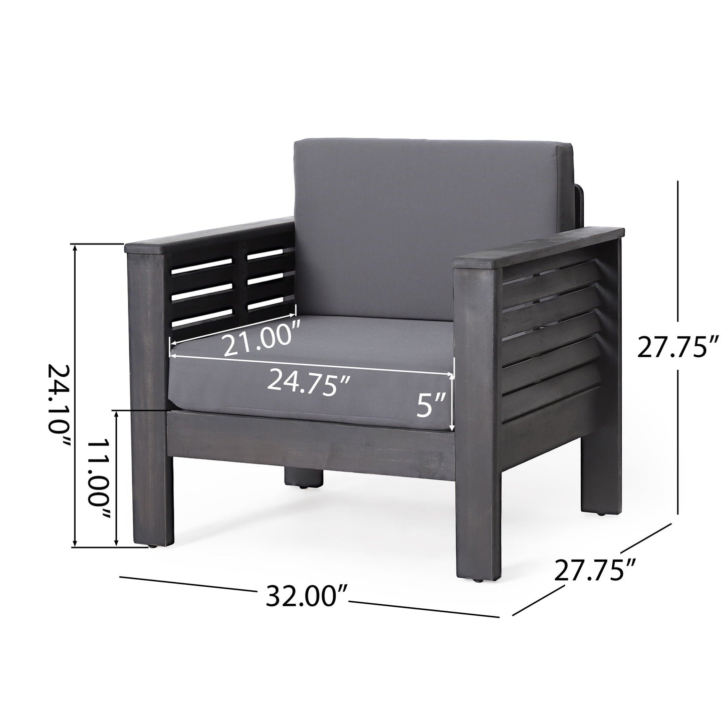 Slat Design Club Chair, outdoor arm chair in dark wood frame with gray cushions HouseOfZazla on Tampa Home & Garden Store