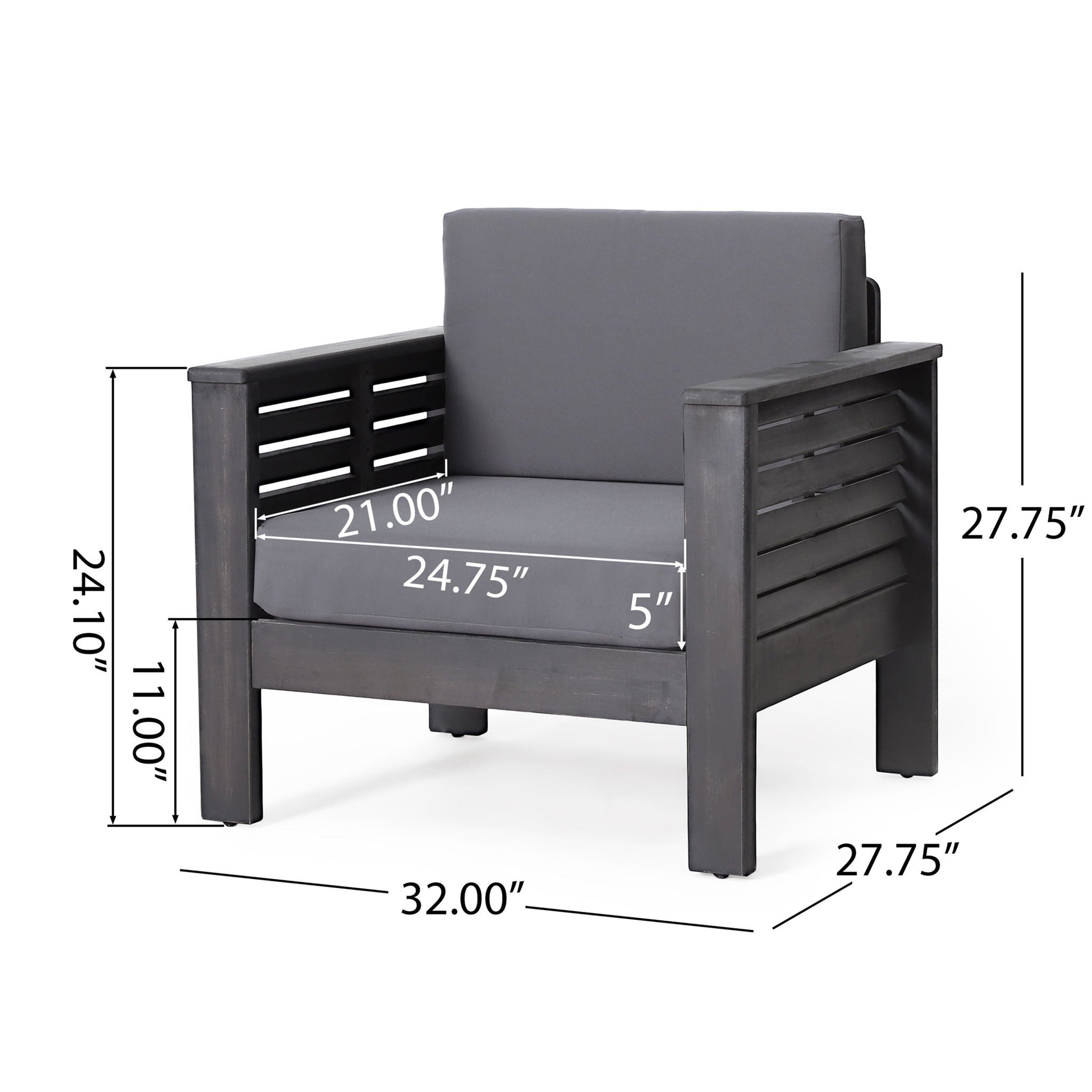 Slat Design Club Chair, outdoor arm chair in dark wood frame with gray cushions HouseOfZazla on Tampa Home & Garden Store