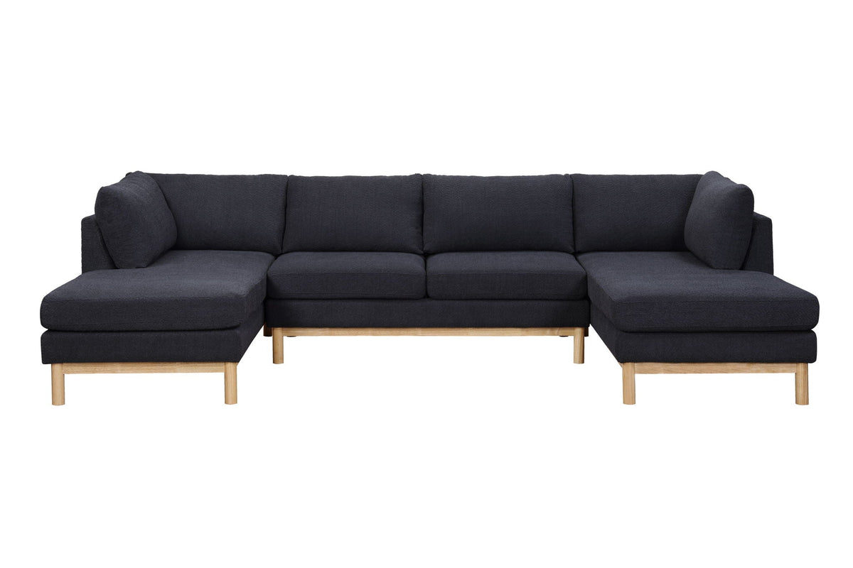 Hallie wide Sherpa double chaise U-shape sectional sofa in navy fabric with light wood legs on Tampa Home & Garden Store