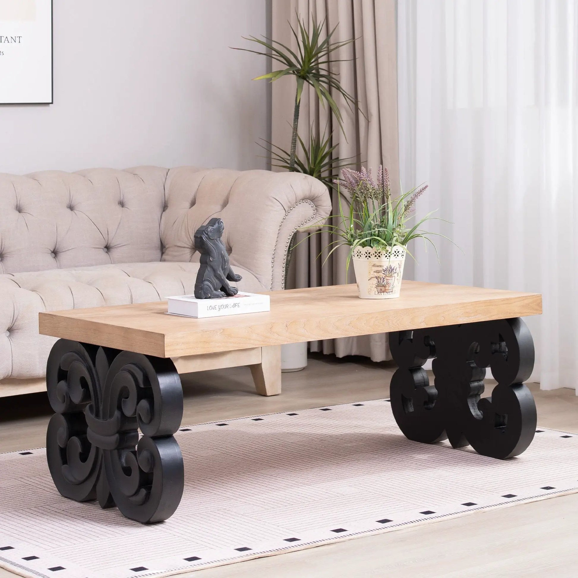 Ornate Scroll Base Coffee Table by Unique Piece Furniture, wood top, black scroll base on Tampa Home & Garden Store