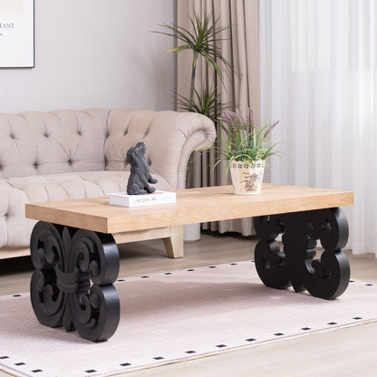 Coffee Table ornate scroll base with rectangular light wood top, black metal legs HouseOfZazla on Tampa Home & Garden Store