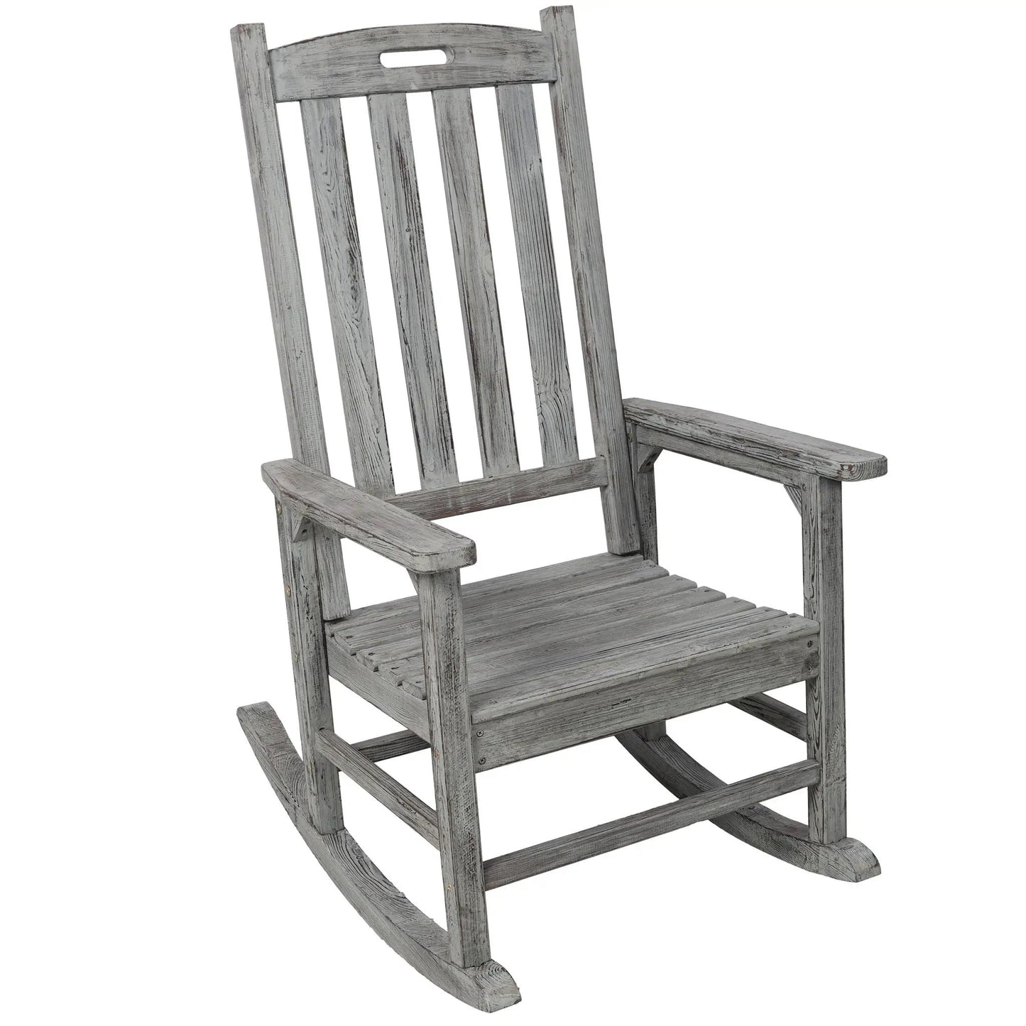 Oversized Porch Rocker Chair in weathered gray wood with wide seat and tall back on Tampa Home & Garden Store