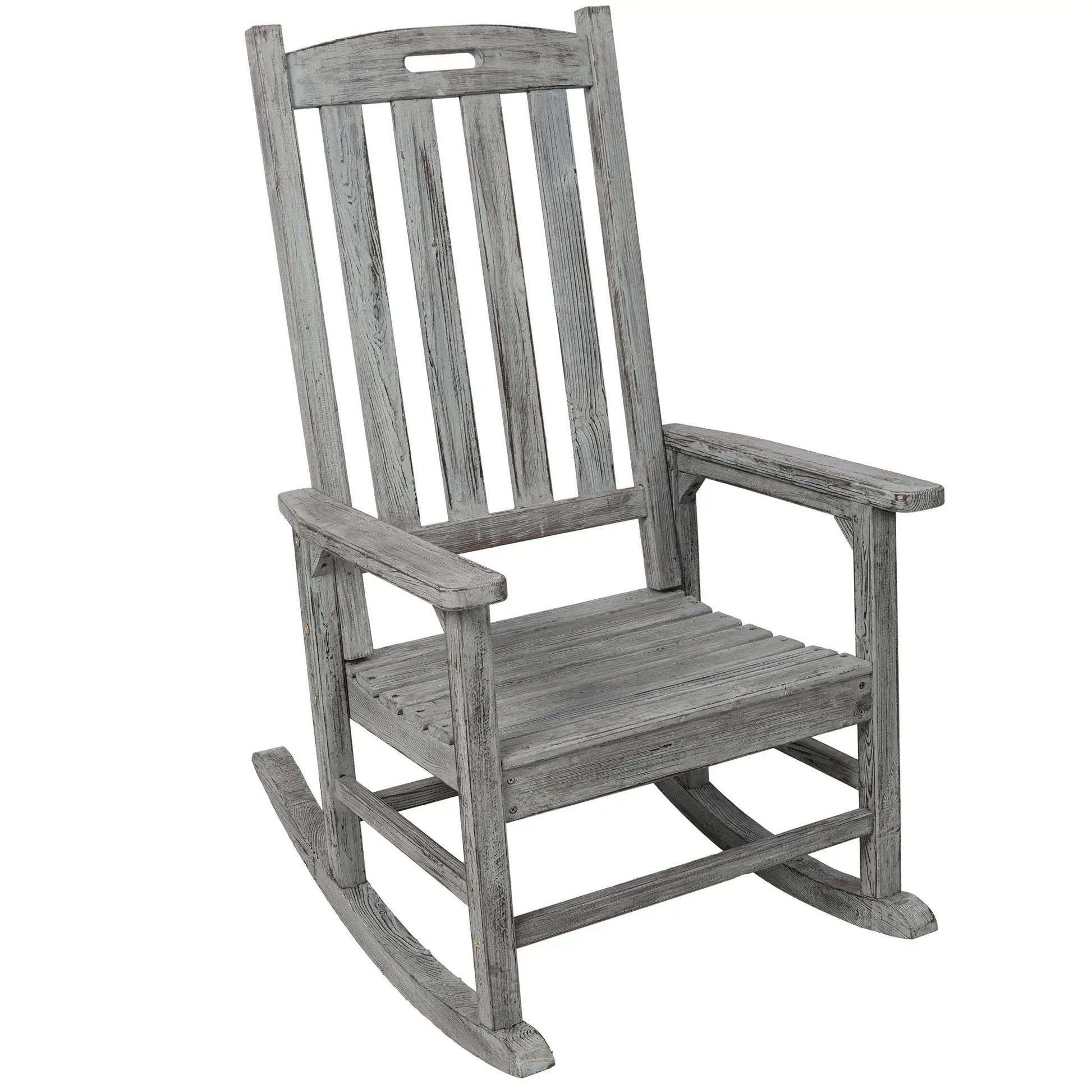 Oversized Porch Rocker Chair in weathered gray wood with wide seat and tall back on Tampa Home & Garden Store