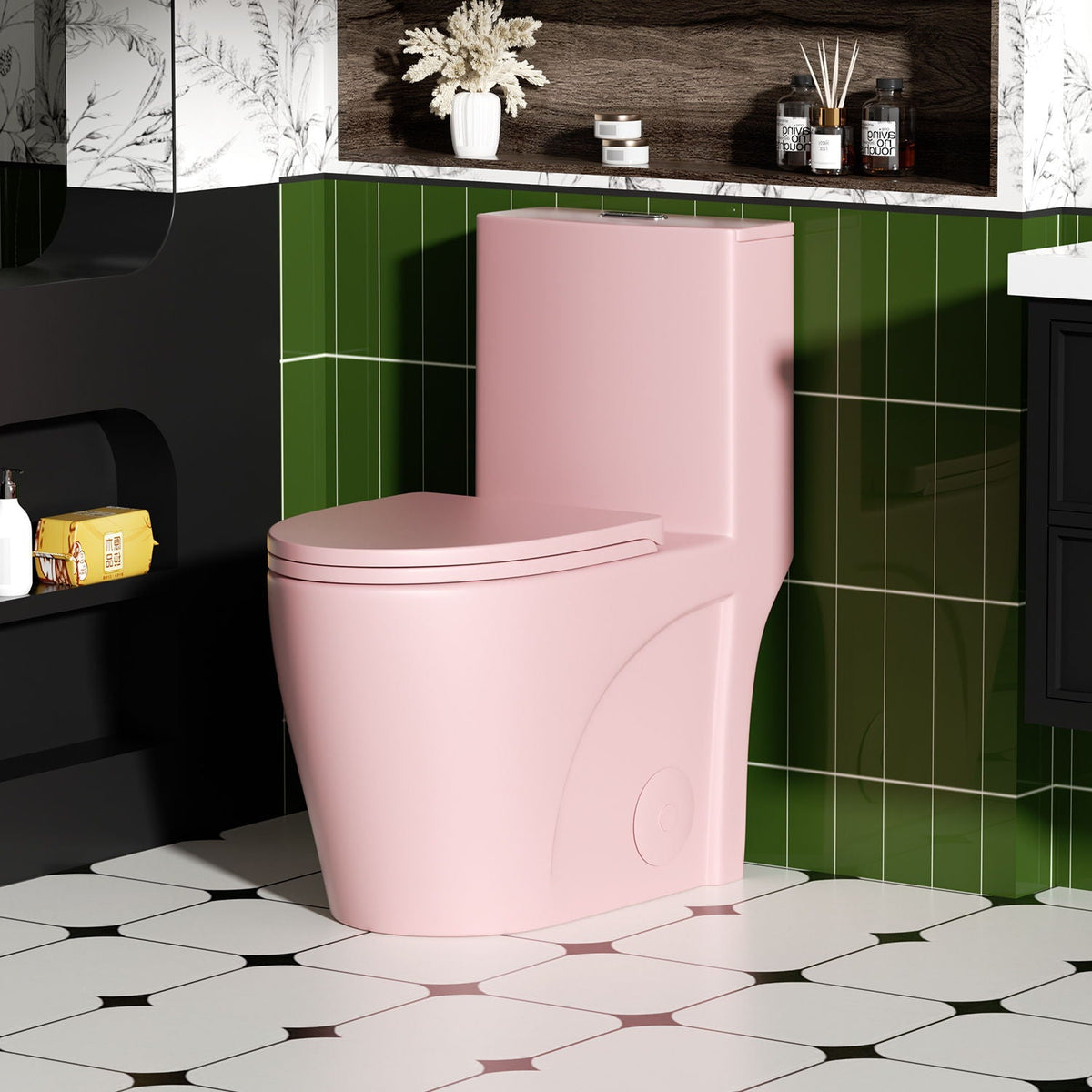 Pink one-piece ADA-height toilet by HouseOfZazla with tornado dual-flush in a modern bathroom on Tampa Home & Garden Store