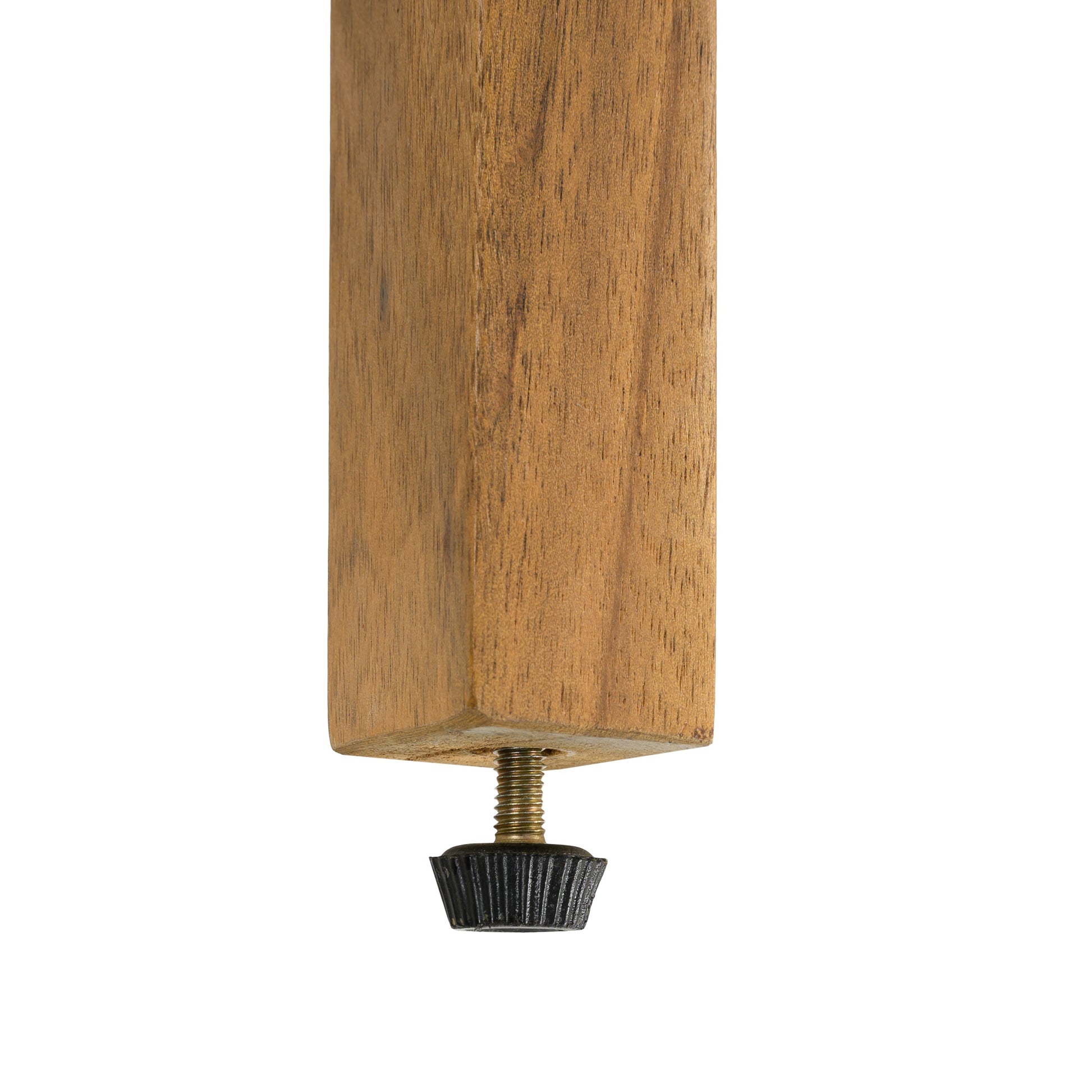 Outdoor dining chair leg close-up with wood grain and threaded bolt, black knob on Tampa Home & Garden Store