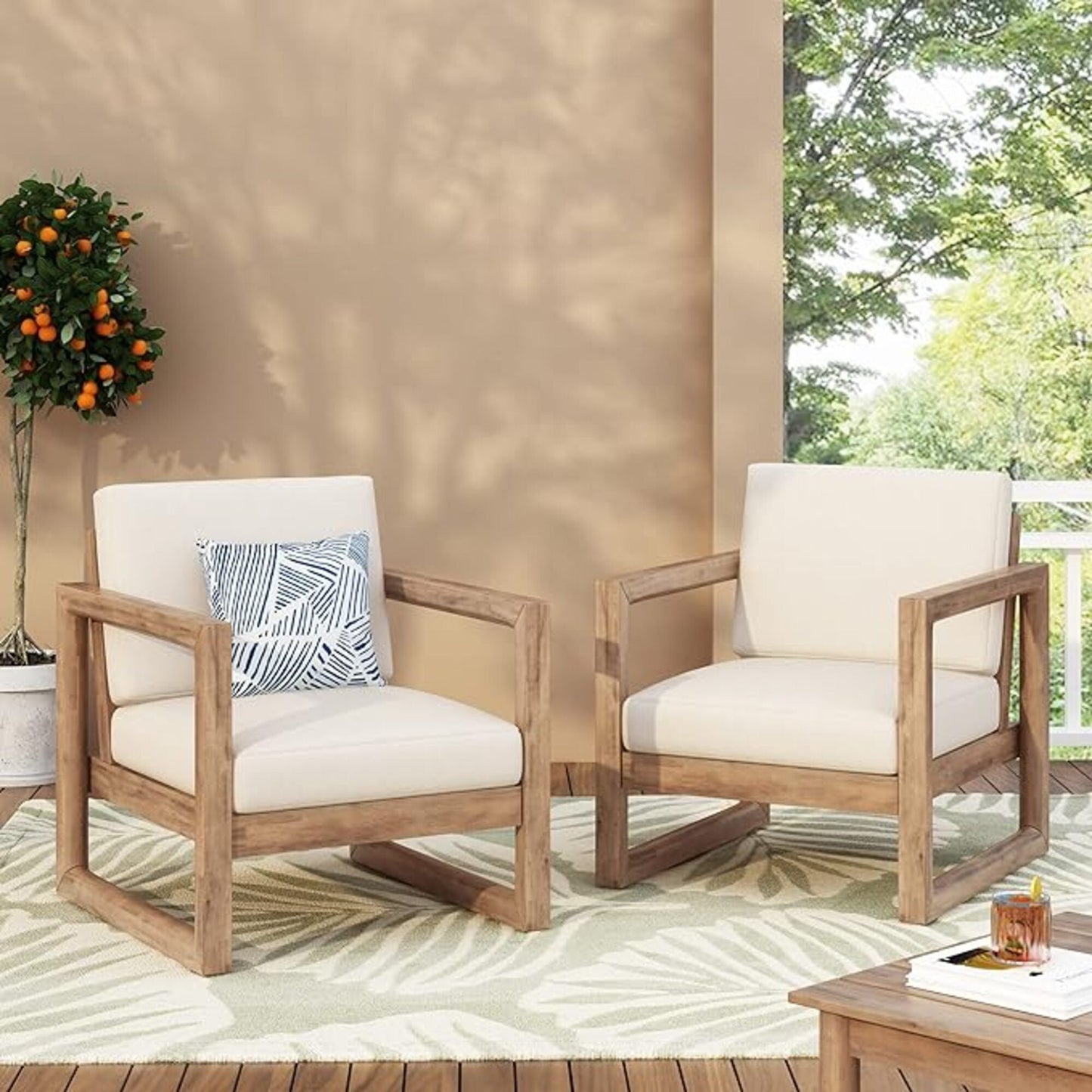 Outdoor Acacia Wood Patio Club Chairs, natural wood frames with beige cushions, 2 chairs on Tampa Home & Garden Store