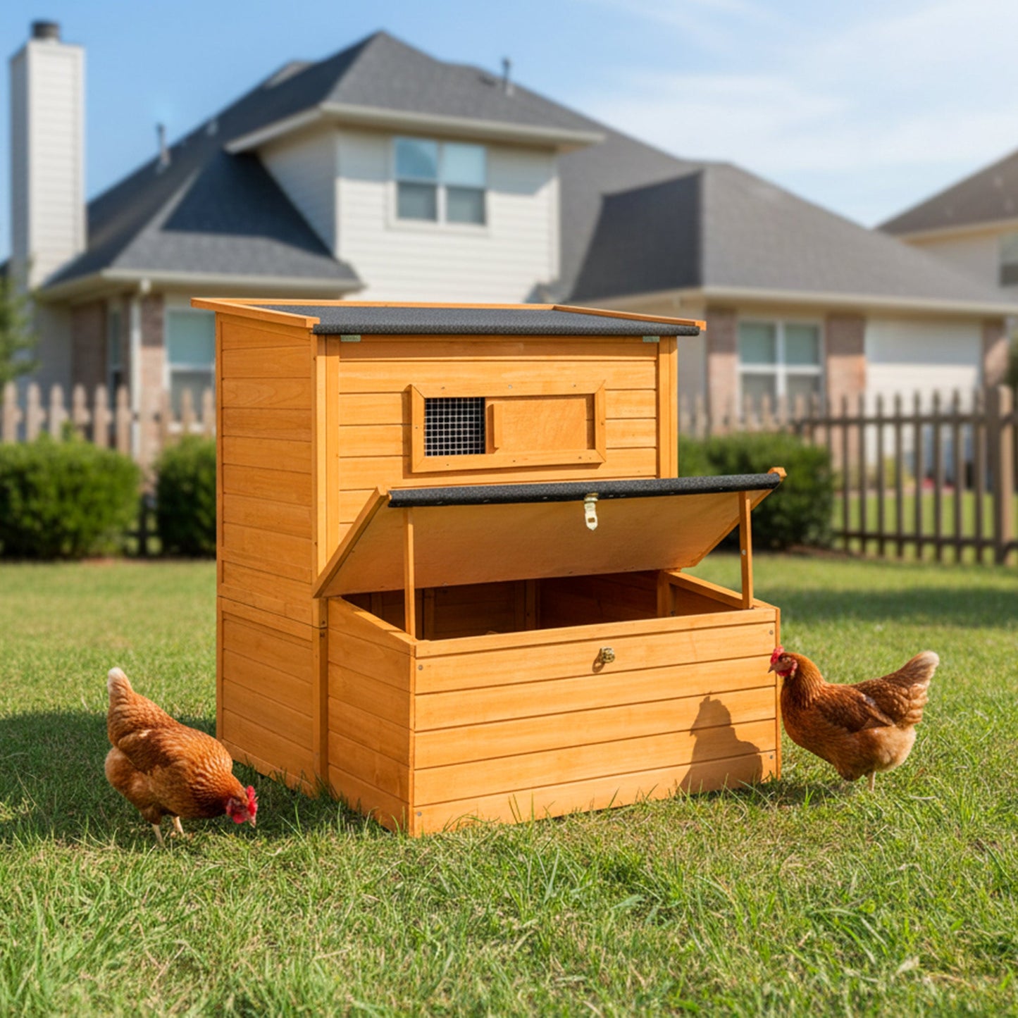 Double-House Wooden Chicken Coop for 6-8 Chickens natural wood with black roof 2 chickens nearby on Tampa Home & Garden Store