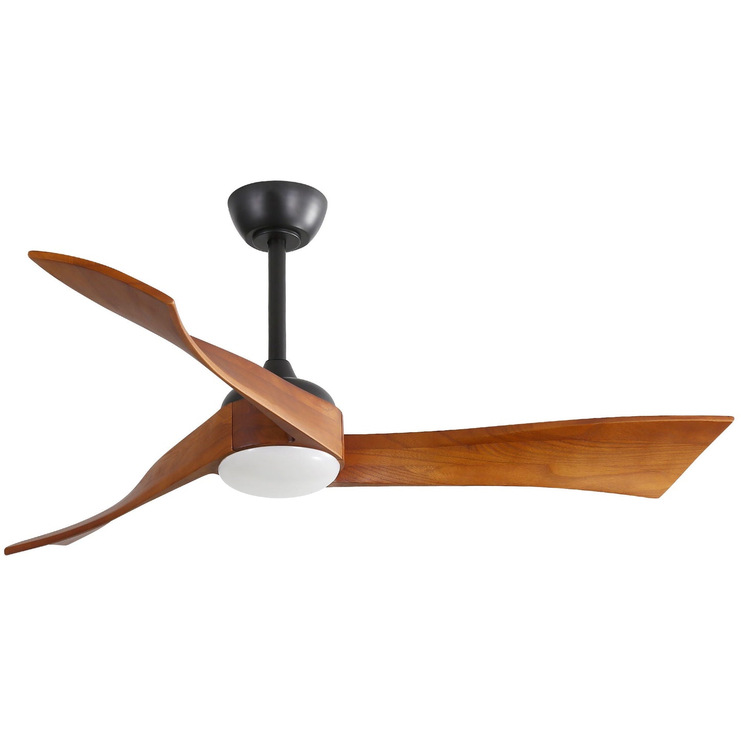 Ceiling Fan With Reversible DC Motor - Black with wooden blades and white globe light kit on Tampa Home & Garden Store
