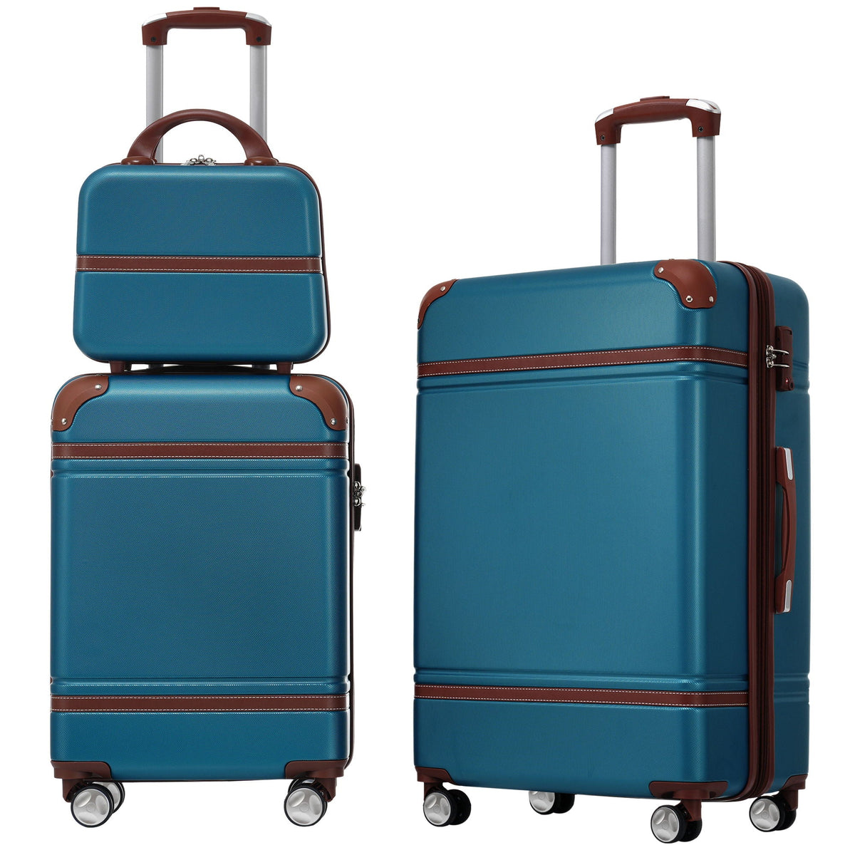 HouseOfZazla 3-piece teal hardshell luggage set with brown trim, 20in & 24in spinners on Tampa Home & Garden Store