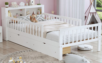 Bed with headboard storage rack, 2 under-bed drawers, 3 side guardrails, white bed for kids on Tampa Home & Garden Store