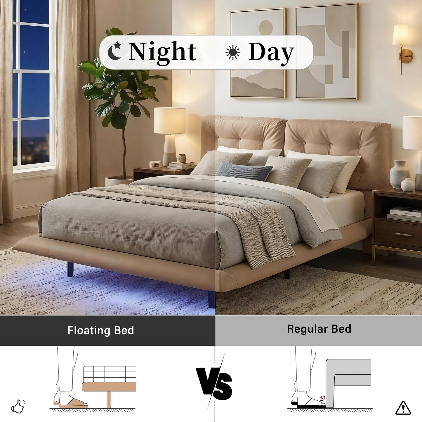 Queen Size Floating Bed Frame With Led Strip