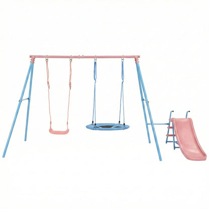 Blue and Pink Outdoor Swing Set with Slide