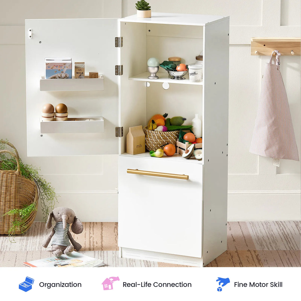 Tiny Land white play kitchen fridge with open doors and toy groceries like eggs, milk and fruit on Tampa Home & Garden Store