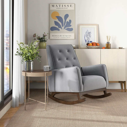 Demetrius solid wood rocking chair in gray fabric with curved rockers in a modern living room on Tampa Home & Garden Store