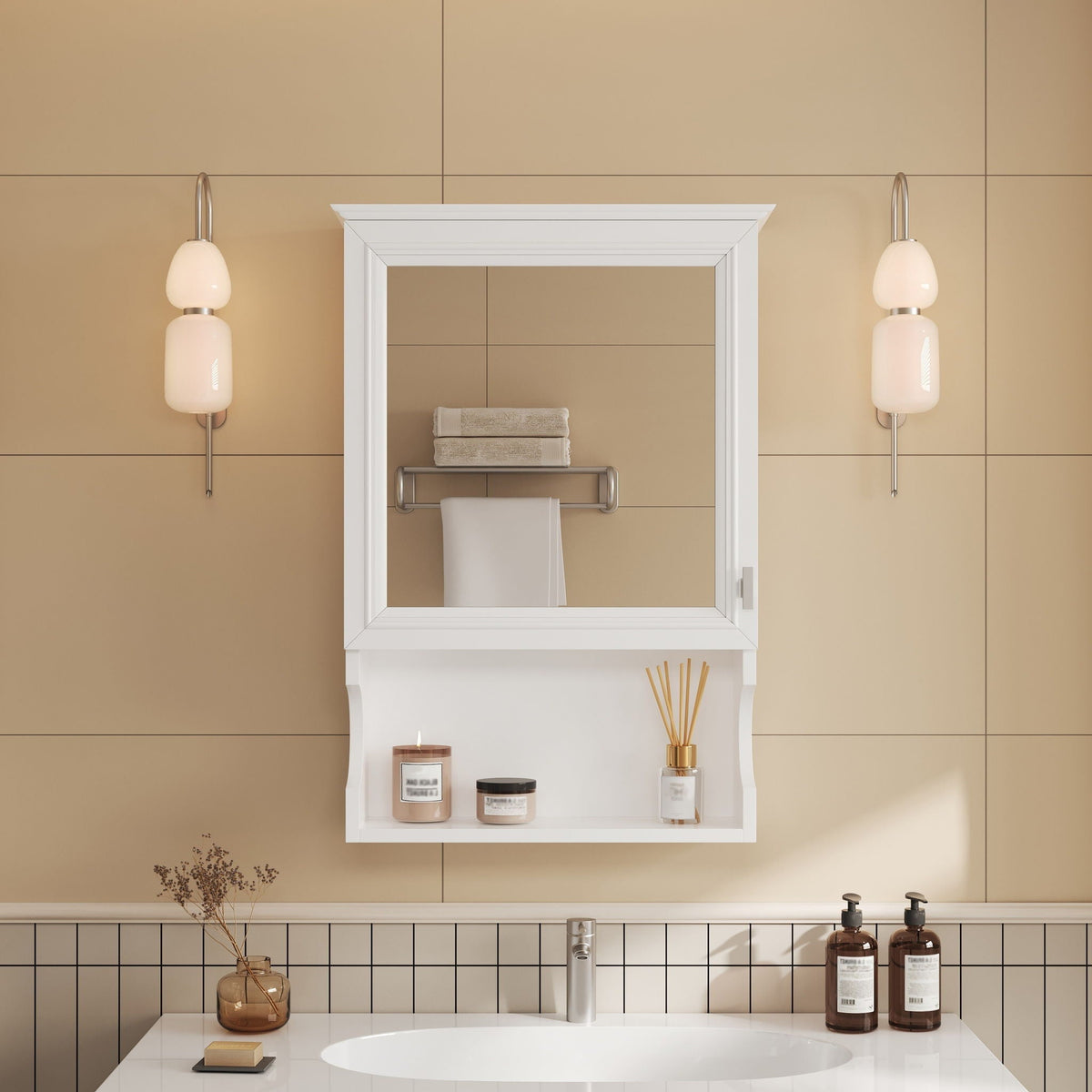 Wall mounted bathroom storage cabinet with mirror in white finish on Tampa Home & Garden Store