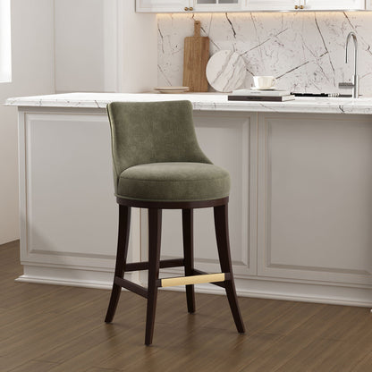 Bar Height Barstool with Backrest in green fabric, dark wood legs on Tampa Home & Garden Store