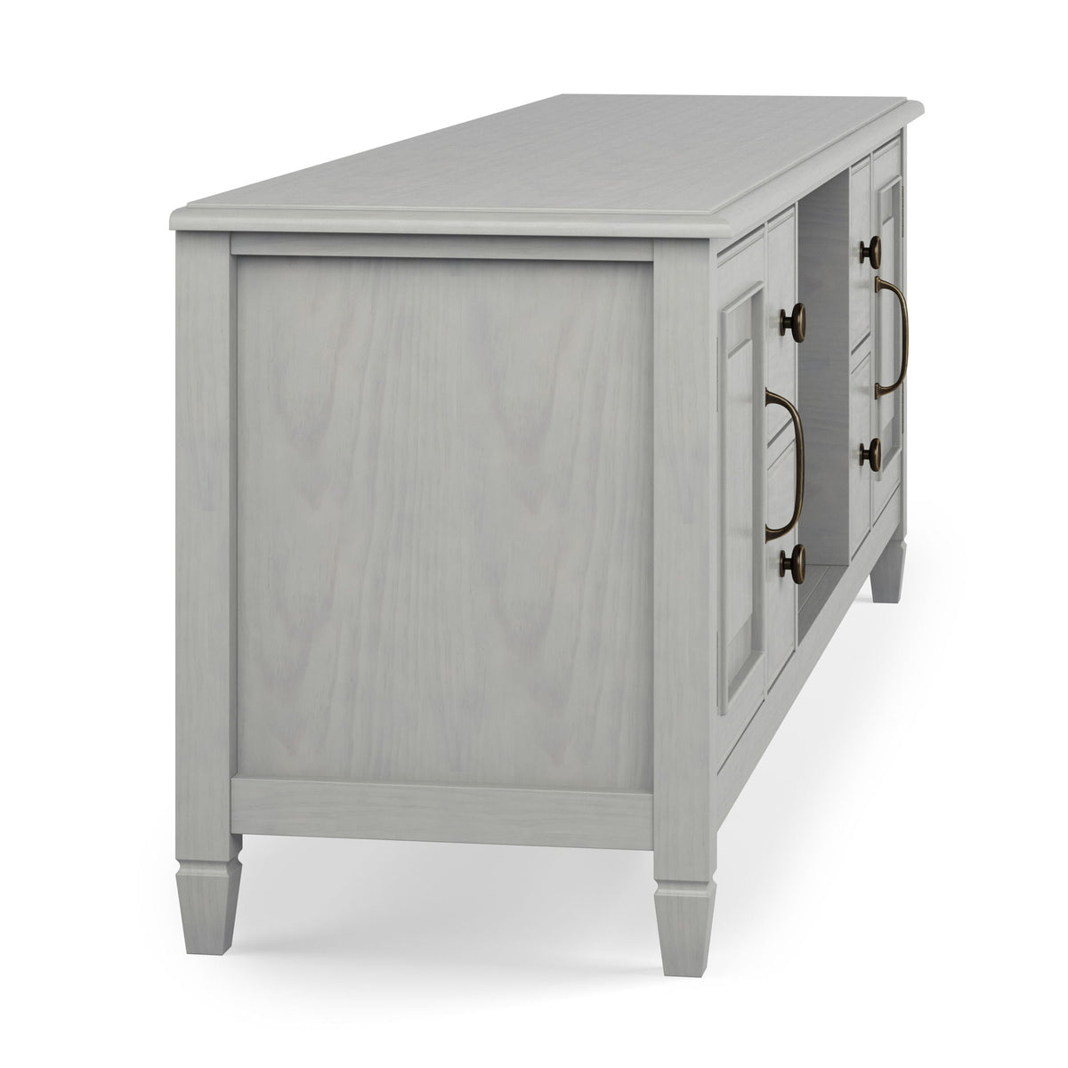 Sturdy solid wood TV stand with wide storage in light gray, bronze drawer handles HouseOfZazla on Tampa Home & Garden Store