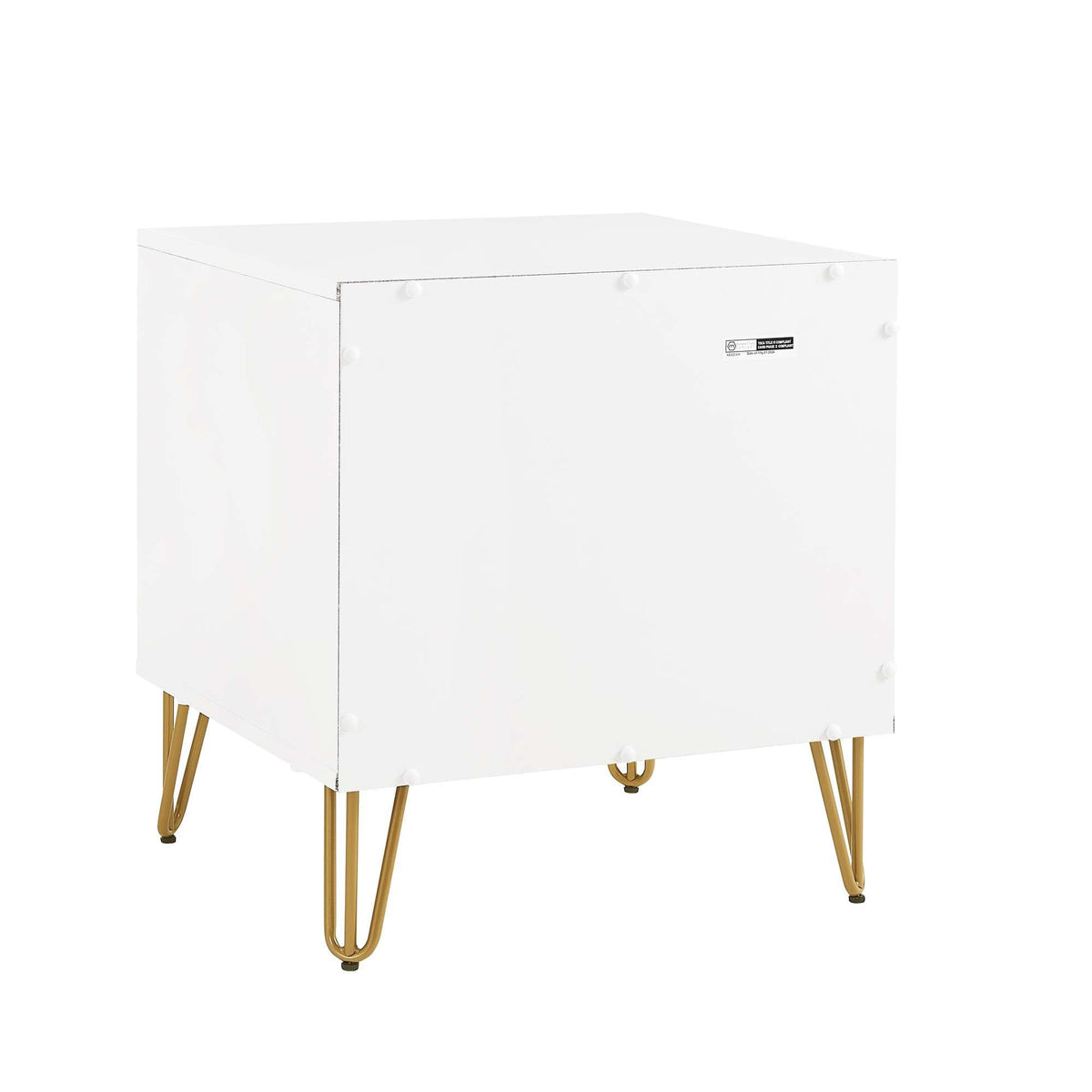 White modern nightstand with fluted drawer front, round knobs, and gold hairpin legs on Tampa Home & Garden Store