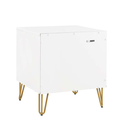 White modern nightstand with fluted drawer front, round knobs, and gold hairpin legs on Tampa Home & Garden Store