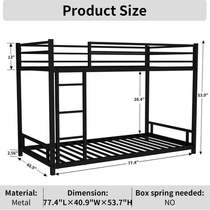 Black metal bunk bed with noise reduction and safety guardrails, ladder, twin-over-twin on Tampa Home & Garden Store