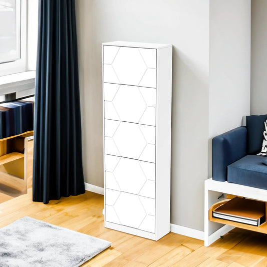 Vertical 5 Tier Shoe Cabinet in white finish with carved hexagon panel fronts on Tampa Home & Garden Store