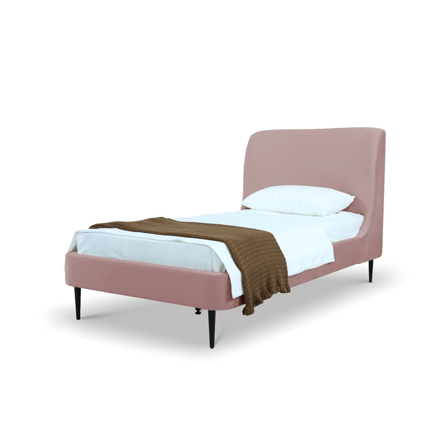 Heather Upholstered Bed with Curved Headboard in pink by HouseOfZazla with white linens on Tampa Home & Garden Store
