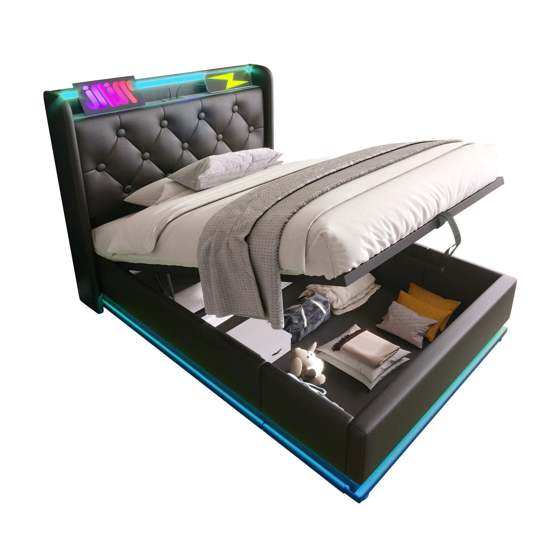 Upholstered storage bed by Unique Piece Furniture with 360 LED surround, tufted black headboard on Tampa Home & Garden Store