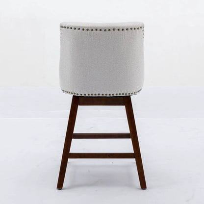 Counter height swivel barstool 26in, light gray fabric, nailhead trim, dark wood legs on Tampa Home & Garden Store
