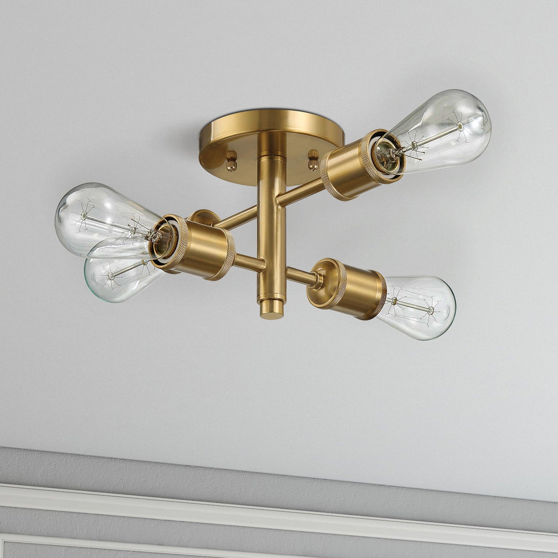 Ephemeral 4-light antique brass semi-flush ceiling lamp with clear glass bulbs on Tampa Home & Garden Store